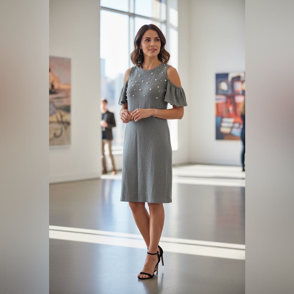 Hem & Thread Gray Midi Dress with Pearl Details
